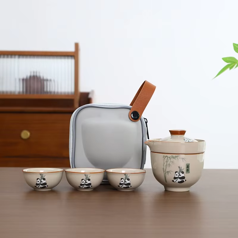Bộ ấm trà du lịch ngoài trời Panda Grass Grey Ceramic Quick Cup 1 ấm 3 cốc có logo tùy chỉnh