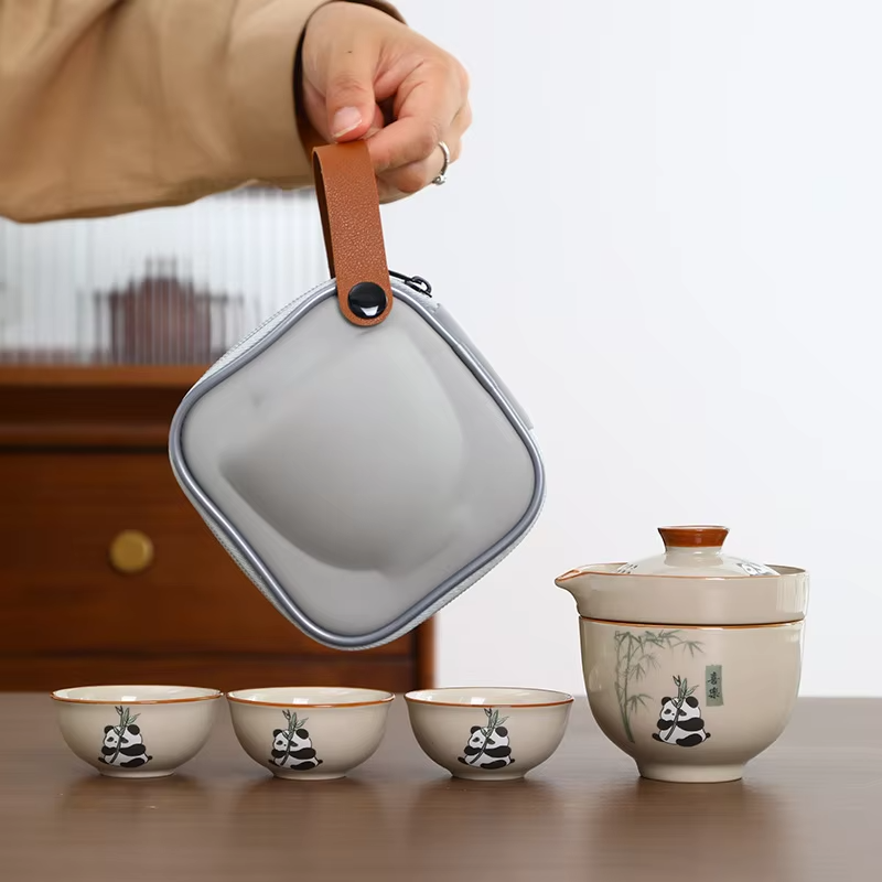 Bộ ấm trà du lịch ngoài trời Panda Grass Grey Ceramic Quick Cup 1 ấm 3 cốc có logo tùy chỉnh