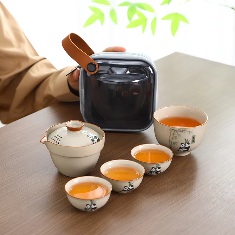 Bộ ấm trà du lịch ngoài trời Panda Grass Grey Ceramic Quick Cup 1 ấm 3 cốc có logo tùy chỉnh