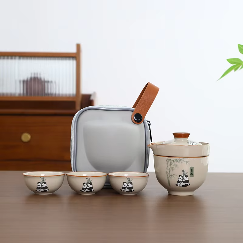 Bộ ấm trà du lịch ngoài trời Panda Grass Grey Ceramic Quick Cup 1 ấm 3 cốc có logo tùy chỉnh