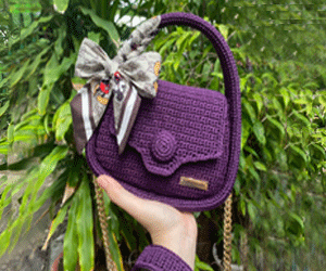 Túi sợi móc màu tím quai đeo dài