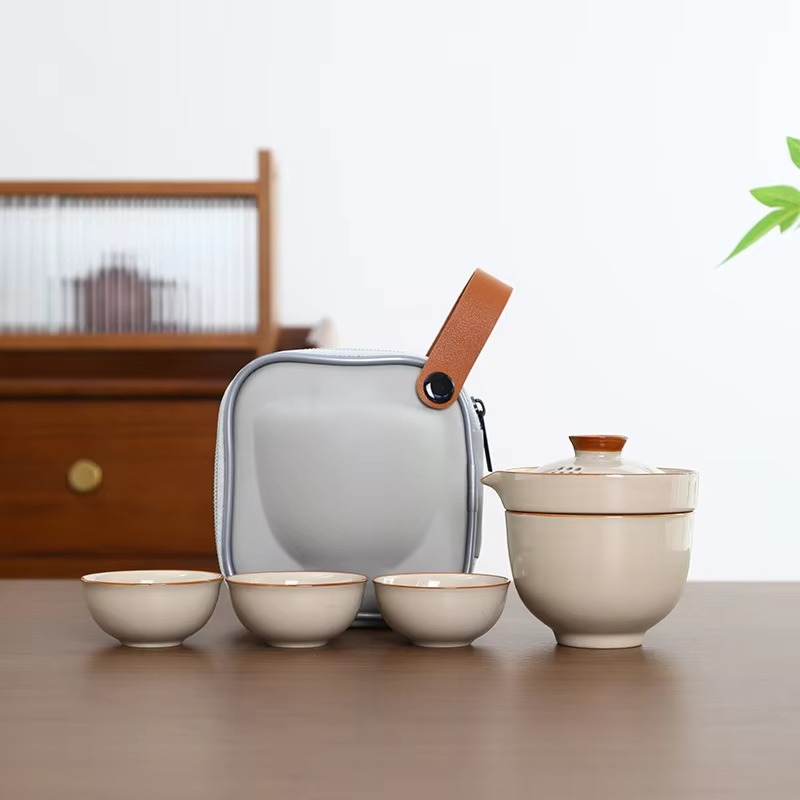 Bộ ấm trà du lịch ngoài trời Panda Grass Grey Ceramic Quick Cup 1 ấm 3 cốc có logo tùy chỉnh