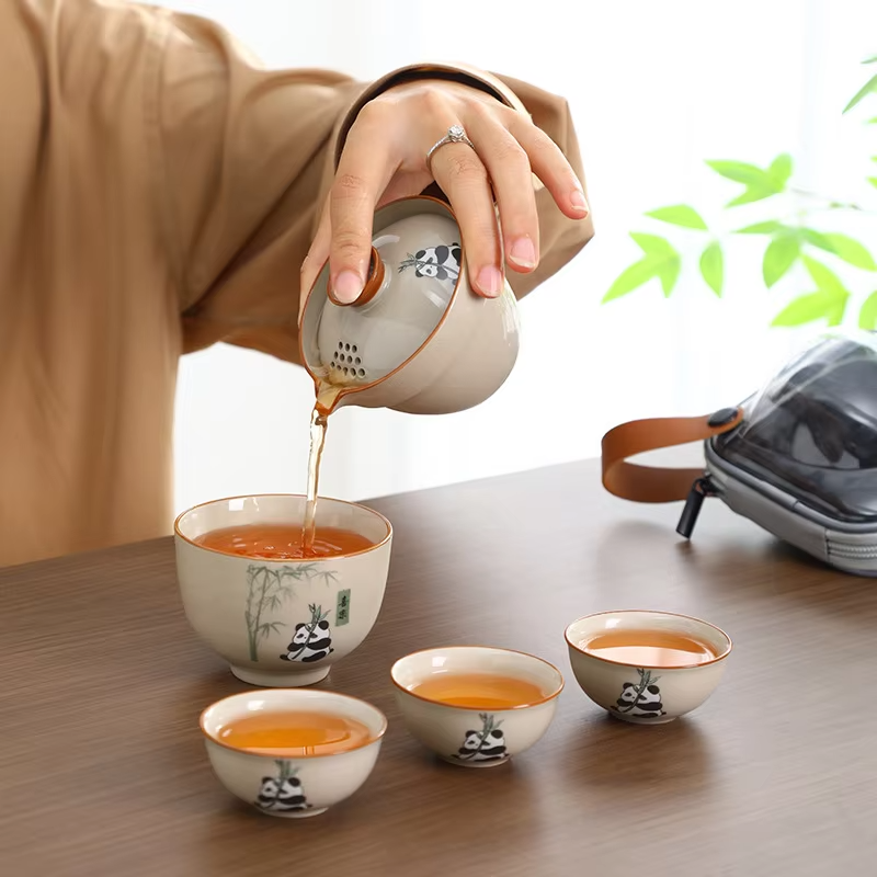 Bộ ấm trà du lịch ngoài trời Panda Grass Grey Ceramic Quick Cup 1 ấm 3 cốc có logo tùy chỉnh