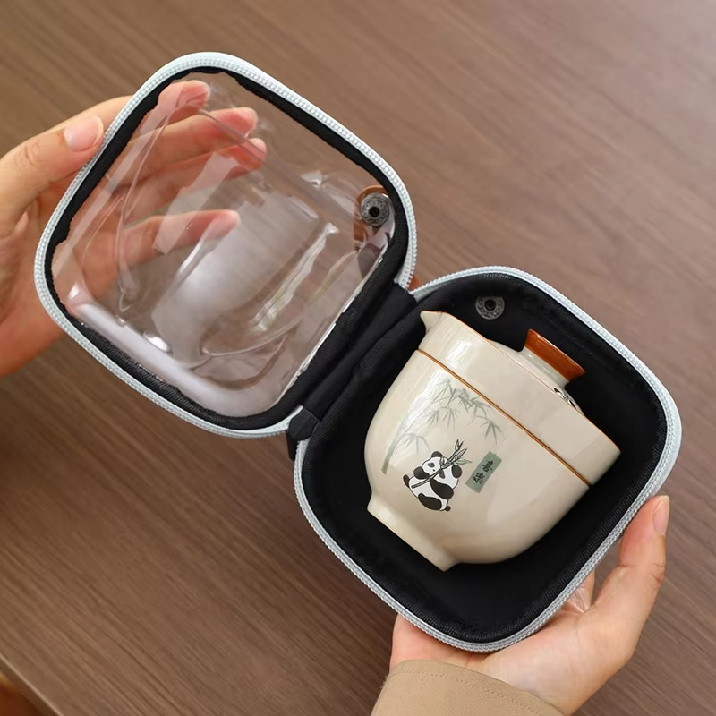 Bộ ấm trà du lịch ngoài trời Panda Grass Grey Ceramic Quick Cup 1 ấm 3 cốc có logo tùy chỉnh
